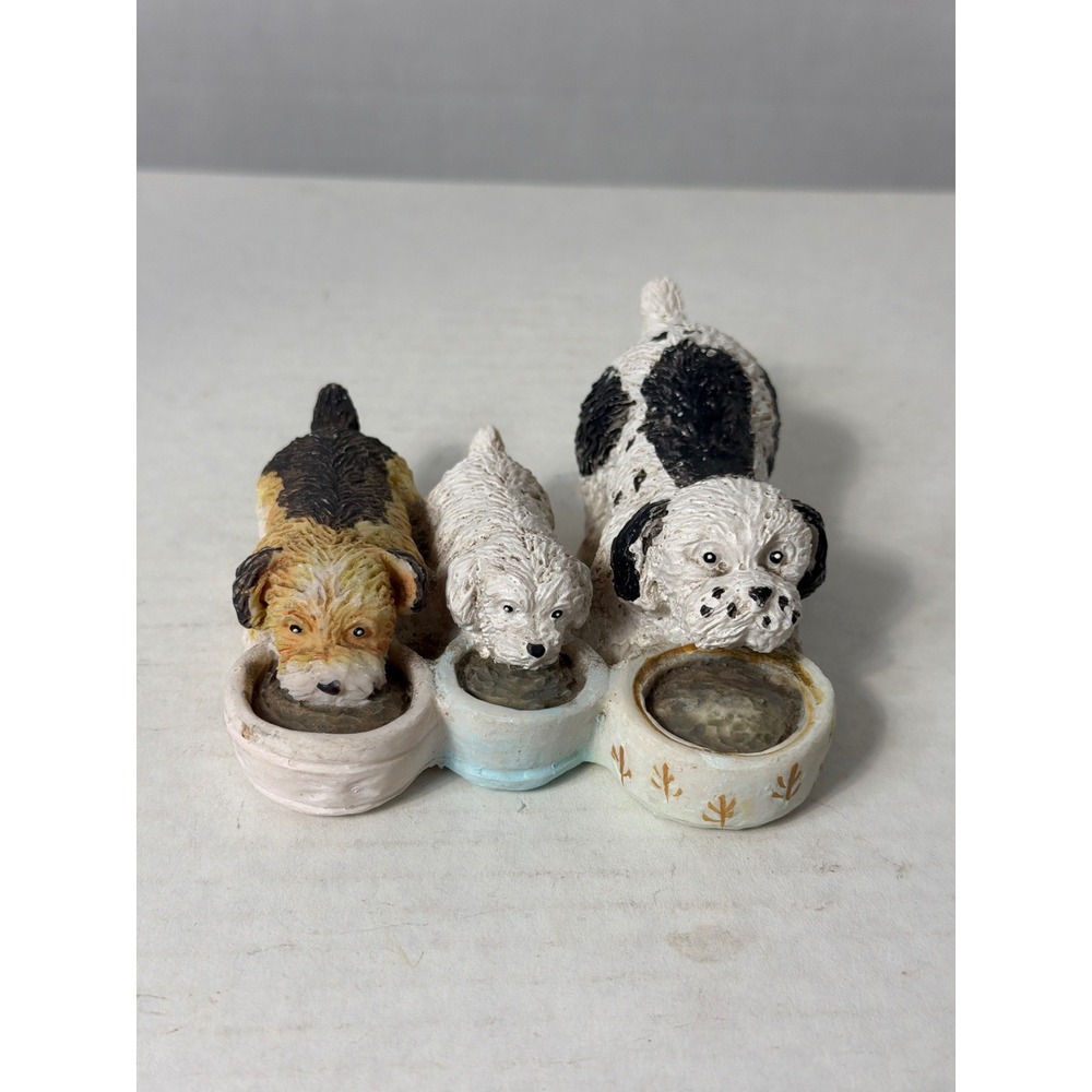 Vintage Resin Three Puppies Eating at Bowls Figurine Dog Lover Decor